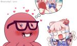  afterimage anger_vein angry bestiality black-framed_eyewear blank_eyes blush chibi drooling everyday2 freckles genshin_impact glasses imagining nerd_emoji open_mouth sangonomiya_kokomi simple_background white_background 