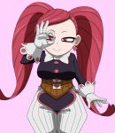  1girl boku_no_hero_academia bow bowtie breasts earrings gloves heart heart_earrings highres jewelry la_brava long_hair long_sleeves medium_breasts ok_sign ok_sign_over_eye pink_background red_hair simple_background smile solo standing twintails white_bow white_gloves ysd2552 