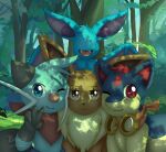 2022 ambiguous_gender annoyed anthro big_ears blue_eyes bokurei brown_eyes brown_kerchief brown_neckerchief cute_fangs dappled_light day dewott eevee eyeless eyewear feral forest forest_background frown generation_1_pokemon generation_2_pokemon generation_5_pokemon gesture goggles goggles_around_neck grass group group_portrait head_tuft hi_res isolde_(bokurei) kerchief lance_(bokurei) looking_at_viewer luke_(bokurei) membrane_(anatomy) membranous_wings nature nature_background neck_tuft neckerchief nintendo one_eye_closed open_mouth open_smile outside plant pokemon pokemon_(species) pokemon_mystery_dungeon pose quilava red_eyes shrub size_difference smaller_feral smile spread_wings tree tuft v_sign vlad_(bokurei) wings wink winking_at_viewer zubat