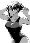  1girl absurdres black_hair breasts competition_swimsuit curvy greyscale highres kanke_(kank06020602) large_breasts medium_hair monochrome one-piece_swimsuit original ponytail solo swimsuit wide_hips 