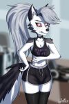 absurd_res anthro bottomwear bra breasts canid canid_demon choker clothing collar demon dolphin_shorts female gym hair hellhound helluva_boss hi_res jewelry legwear loona_(helluva_boss) mammal necklace ponytail shorts solo sport stockings thick_thighs thigh_highs topwear underwear zen_allen