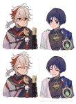  2boys armor closed_eyes closed_mouth crossed_bangs genshin_impact grey_hair grin hair_between_eyes highres japanese_armor japanese_clothes kaedehara_kazuha male_focus multicolored_hair multiple_boys multiple_views notice_lines oshi_taberu ponytail purple_eyes purple_hair red_eyes red_hair scaramouche_(genshin_impact) simple_background smile streaked_hair upper_body vision_(genshin_impact) wanderer_(genshin_impact) white_background 