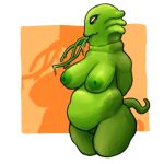 alien ben_10 big_breasts bodily_fluids breasts cartoon_network drooling female gills gourmand_(ben_10) green_body green_skin inverted_nipples long_tongue md34 multi_tongue nipples nude perk_gourmand saliva slightly_chubby slime smile solo tail tongue warts white_eyes