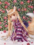  1girl animal_ear_fluff animal_ears artist_name brown_eyes brown_hair bush camellia flower fox_ears fox_girl fox_tail from_side highres holding holding_flower japanese_clothes kimono kotori_(mkoto7716) long_hair long_sleeves looking_at_viewer looking_to_the_side obi original outdoors parted_lips purple_kimono red_flower sash seiza sitting socks solo striped_clothes striped_kimono tail tail_raised very_long_hair white_socks 