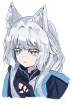  1girl :&lt; animal_ear_fluff animal_ears arknights black_eyes blue_gloves blue_jacket cat_ears commentary_request cropped_torso eyebrows_visible_through_hair fingerless_gloves gloves grey_hair hand_up highres jacket korean_commentary lancer_(worudrleh1) long_hair portrait rosmontis_(arknights) sidelocks simple_background solo white_background 