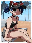  1girl animal_ears arm_support bare_legs bare_shoulders beach bell black_camisole black_choker black_nails blue_hair blue_sky brown_eyes camisole cat_ears choker crop_top dark_blue_hair denim denim_shorts eyewear_on_head fake_animal_ears feet_out_of_frame gato_del_futuro halftone halftone_background highres leaning_forward neck_bell original outdoors palm_tree shorts sitting_on_bench sky solo tree 