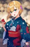  1girl alternate_hairstyle antenna_hair blonde_hair blurry blush bokeh breasts cellphone commentary depth_of_field eyebrows_visible_through_hair floral_print green_eyes hair_between_eyes highres holding holding_phone japanese_clothes kimono large_breasts long_hair long_sleeves obi open_mouth phone print_kimono sash smartphone solo tenneko_yuuri tsurumaki_maki voiceroid wide_sleeves yukata 