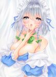  1girl blush bow braid breasts commentary_request green_bow grey_eyes hair_between_eyes hair_bow highres izayoi_sakuya large_breasts looking_at_viewer maid maid_headdress natsume_nadeshiko open_mouth side_braids solo touhou twin_braids upper_body v 