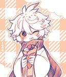  1boy :d ahoge bird_boy black_scarf checkered_background cloud colored_sclera english_commentary funamusea hair_between_eyes halftone holding_ice_cream_cone ice_scream japanese_clothes kimono licowish light_blush looking_at_viewer male_focus messy_hair one_eye_closed orange_background orange_outline outline scarf short_hair sidelocks smile solo watermark white_background white_hair white_kimono white_outline wide_sleeves yellow_sclera yukisada 