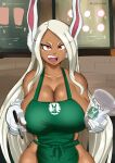 1girl absurdres animal_ears apron bare_shoulders barista boku_no_hero_academia breasts cafe cup curvy dark-skinned_female dark_skin disposable_cup gloves green_apron highres holding holding_cup holding_marker huge_breasts iced_latte_with_breast_milk_(meme) long_eyelashes long_hair loquillo marker meme mirko naked_apron open_mouth rabbit_ears rabbit_girl red_eyes shoulders starbucks thick_thighs thighs toned very_long_hair white_gloves white_hair 