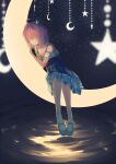  1girl absurdres blue_dress closed_eyes closed_mouth crescent crescent_moon crown dress full_body highres himemori_luna hololive mini_crown moon night off-shoulder_dress off_shoulder pink_hair short_dress short_hair short_sleeves sitting_on_moon sleeping smile solo tilted_headwear virtual_youtuber yoruillust 