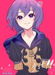  1girl artist_name bernadetta_von_varley blue_eyes commentary fire_emblem fire_emblem:_three_houses garreg_mach_monastery_uniform highres light_smile looking_at_viewer none1504 own_hands_together pink_background purple_hair short_hair simple_background solo symbol-only_commentary upper_body 