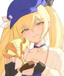  1girl absurdres black_gloves blonde_hair blue_headwear blush choker closed_mouth commentary daiishori dokibird_(vtuber) fingerless_gloves gloves green_eyes hair_between_eyes hair_ribbon half-closed_eyes hat highres holding_trophy indie_virtual_youtuber long_hair looking_at_viewer purple_choker ribbon sidelocks simple_background smile solo star_(symbol) star_choker symbol-only_commentary trophy twintails upper_body virtual_youtuber white_background white_ribbon 