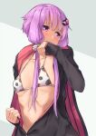  animal_print bikini black_hoodie blush breasts clothes_pull covering_own_mouth cow_print cow_print_bikini hair_ornament highres hood hood_down hoodie kanzen_bouon long_sleeves looking_to_the_side open_clothes open_hoodie print_bikini purple_eyes purple_hair red_hoodie short_hair_with_long_locks simple_background small_breasts swimsuit swimsuit_under_clothes upper_body voiceroid yuzuki_yukari 