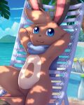 2023 4:5 anthro anthrofied artist_name beach beach_chair bent_leg biped blue_eyes blue_scarf blue_sky bokurei brown_body brown_ears brown_fur cloud cooler day detailed_background digital_media_(artwork) digital_painting_(artwork) featureless_crotch fur generation_2_pokemon glass_bottle hands_behind_head head_tuft hi_res knee_pulled_up looking_at_viewer lounging male mostly_nude multicolored_body multicolored_fur nintendo outside palm_tree pink_inner_ear plant pokemon pokemon_(species) pokemorph portrait reclining relaxing sand scarf scarf_only sea seaside semi-anthro sentret shadow sky small_nose smile solo tail three-quarter_portrait tree tuft two_tone_tail under_shade veit_(bokurei) water