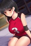  1girl black_hair bob_cut breasts commentary compression_sleeve english_commentary eyebrows_visible_through_hair huyumitsu large_breasts on_bed original short_hair shorts sleeveless smile sportswear thighs volleyball_uniform 