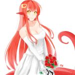  1girl bangs bare_shoulders blush bouquet bridal_veil closed_mouth collarbone dress earrings elbow_gloves eyebrows_visible_through_hair fikkyun flower gloves hair_ornament hairclip highres jewelry lamia long_hair miia_(monster_musume) monster_girl monster_musume_no_iru_nichijou pointy_ears red_hair scales simple_background slit_pupils smile solo veil wedding_dress yellow_eyes 