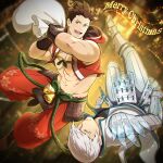  2boys abs animal_ears antlers armor armored_boots bara black_hair boots closed_mouth deer_boy deer_ears english_text gauntlets grey_hair holding holding_sack horns ishida_mitsunari_(sengoku_basara) japanese_armor jigoku_meguri kusazuri large_pectorals male_focus merry_christmas multiple_boys muscular muscular_male navel open_clothes open_mouth pants pectorals red_pants reindeer_antlers sack sengoku_basara short_hair smile tokugawa_ieyasu_(sengoku_basara) 