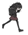  1_kdcrf 1girl amamiya_ren bag black_footwear black_jacket black_pantyhose breasts full_body genderswap genderswap_(mtf) glasses hands_in_pockets highres jacket long_hair long_sleeves no_mouth opaque_glasses pale_skin pantyhose persona persona_5 plaid plaid_skirt pleated_skirt school_bag school_uniform shoes shuujin_academy_school_uniform simple_background skirt solo walking white_background 