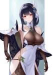  1girl absurdres azur_lane bare_shoulders blue_flower bodystocking breasts brown_gloves chen_hai_(azur_lane) chen_hai_(retrofit)_(azur_lane) cleavage clothes_pull dress elbow_gloves flower flower_ornament frozen-sad gem gloves green_gemstone highres hip_vent large_breasts long_hair looking_at_viewer pelvic_curtain pulled_by_self red_eyes see-through see-through_cleavage skindentation solo strap_pull taut_clothes taut_dress tight_clothes tight_dress 