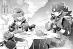  2boys ahoge chain chinese_clothes crossed_legs cup earrings fingerless_gloves fur_trim gaming_(genshin_impact) genshin_impact gloves greyscale hair_between_eyes holding holding_cup jewelry looking_at_another male_focus man_chai_(genshin_impact) monochrome multiple_boys o--i-ocha open_hand open_mouth outdoors pet scar scar_on_arm short_hair table tea teapot tree twitter_username wriothesley_(genshin_impact) 