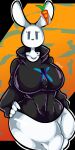 abstract_background aliasing anthro artist_name big_breasts black_clothing black_sweater black_topwear bottomless breasts cari_(probablydemo) carrot clothed clothing curvy_figure digital_media_(artwork) ear_accessory eyelashes featureless_crotch female food fur hand_on_hip hi_res huge_breasts huge_thighs lagomorph leporid long_ears mammal mouthless navel_outline plant portrait rabbit sallbobao signature simple_eyes solo standing sweater sweater_only thick_thighs three-quarter_portrait topwear topwear_only vegetable white_body white_fur wide_hips