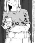  1girl :t belly belly_grab blush_stickers cellphone_charm charm_(object) cowboy_shot dark_background greyscale highres holding holding_phone monochrome navel original phone selfie shirt sketch skirt solo t-shirt thewma 