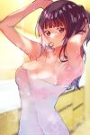  1girl absurdres arito_arayuru armpits bangs blunt_bangs breasts commentary_request eyebrows_visible_through_hair hair_tie_in_mouth highres hoshi_to_tsubasa_no_paradox large_breasts long_hair looking_at_viewer mouth_hold naked_towel purple_eyes purple_hair reika_(hoshi_to_tsubasa_no_paradox) shiny shiny_hair sidelocks solo towel upper_body 