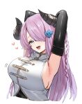  1girl arms_up black_gloves black_horns blue_eyes blush breasts cropped_torso gloves granblue_fantasy hair_ornament hair_over_one_eye highres horn/wood horns huge_breasts long_hair looking_at_viewer narmaya_(granblue_fantasy) open_mouth pink_hair shirt simple_background smile solo teeth upper_teeth_only white_background white_shirt 