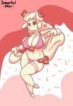 &lt;3 2019 absurd_res alcremie belly_dancer big_breasts bikini bodily_fluids bracelet breasts clothing female food food_creature generation_8_pokemon hi_res humanoid immortalstar jewelry nintendo nipple_outline pokemon pokemon_(species) pokemorph red_eyes red_sclera signature solo sweat swimwear thick_thighs