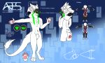 anonymous_artist ares_(nsa) black_clothing black_legwear black_thigh_highs clothing green_markings hi_res hybrid legwear machine male markings pink_paws protogen purple_clothing sergal solo split_dress tail tail_tuft thick_tail thigh_highs tuft white_body