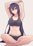  1girl arm_above_head arm_behind_head armpits arms_up barefoot black_hair black_panties black_sports_bra blush breasts cleavage clothes_writing collarbone crossed_legs grey_background hair_between_eyes highres kantai_collection kasumi_(skchkko) large_breasts long_hair looking_at_viewer nagato_(kancolle) navel one_eye_closed panties red_eyes simple_background sitting solo sports_bra sports_panties underwear underwear_only very_long_hair 
