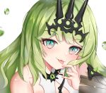  1girl bangs bare_shoulders close-up closed_mouth fingernails green_eyes green_hair hair_between_eyes hand_on_own_cheek hand_on_own_face headpiece honkai_(series) honkai_impact_3rd long_hair looking_at_viewer mobius_(honkai_impact) portrait shiny shiny_skin simple_background smile tongue tongue_out water_drop white_background yuan_zhen_(user_pnhx4422) 