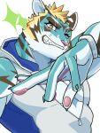 anthro aoi_tachi0 blonde_hair blue_body blue_fur fur green_eyes grin hair hi_res lifewonders live_a_hero male muscular muscular_anthro one_eye_closed pawpads rexer sleeveless_hoodie smile solo striped_body striped_fur stripes wink zipper