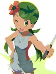  1girl chromatic_aberration commentary_request dark-skinned_female dark_skin flower green_eyes green_hair hair_flower hair_ornament hand_on_hip holding mallow_(pokemon) natsunagi_takaki one_eye_closed open_mouth pokemon pokemon_(game) pokemon_sm smile solo 