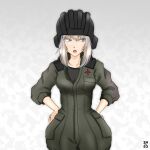  1girl alternate_costume blue_eyes breasts emblem girls_und_panzer grey_hair hands_on_hips itsumi_erika looking_to_the_side medium_breasts nishi_itsumi overalls pravda_military_uniform solo tank_helmet white_background 