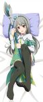  1girl absurdres bed_sheet black_thighhighs blush capelet dakimakura_(medium) dress flat_chest frilled_dress frills full_body futoku_no_guild green_dress green_hair hair_between_eyes hat highres holding holding_staff ishida_seito knee_up looking_at_viewer lying mage_staff maidena_angers mini_hat on_back on_bed open_mouth pillow red_eyes solo staff thighhighs toes white_capelet white_sleeves 