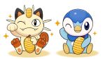  black_eyes blue_eyes closed_mouth coin commentary_request fangs hand_up holding holding_coin looking_at_viewer maneki-neko meowth no_humans official_art one_eye_closed piplup pokemon pokemon_(creature) project_pochama sitting smile sparkle toes white_background 