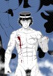  1boy abs areolae bar_censor bara blood blood_on_hands blue_theme censored completely_nude cowboy_shot cross_scar flaccid golden_kamuy groin hat highres injury kemukemuke kepi male_focus male_pubic_hair military_hat muscular muscular_male navel nude pectorals penis pubic_hair scar scar_on_arm scar_on_cheek scar_on_chest scar_on_face scar_on_mouth scar_on_nose short_hair solo spiked_hair spot_color stomach sugimoto_saichi 