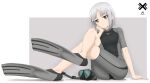  1girl absurdres acrux bodysuit brave_witches breasts brown_eyes covered_navel crossed_legs diving_mask diving_mask_removed diving_suit edytha_rossmann flippers foot_up full_body goggles grey_hair highres looking_at_viewer short_hair simple_background sitting skin_tight small_breasts snorkel solo springsuit strike_witches strike_witches:_aurora_no_majo strike_witches:_suomus_misfits_squadron thighs two-tone_bodysuit wetsuit world_witches_series 