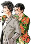  2boys arm_on_another&#039;s_shoulder bandaged_hand bandages bandaid bandaid_on_face black_hair blood blood_on_bandages blood_on_face brown_pants cigarette closed_eyes collarbone halorane hand_on_another&#039;s_shoulder hands_in_pockets happy hawaiian_shirt injury jung_chung lee_ja-sung male_focus multiple_boys pants shirt short_hair sideburns simple_background sinsegye smoking teeth white_background white_shirt 