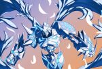  angel_wings armor blue_background digimon digimon_(creature) digimon_adventure digimon_adventure_tri. gradient gradient_background green_eyes horns looking_at_viewer multiple_horns no_humans omegamon omegamon_merciful_mode orange_background ryo@ solo spikes upper_body white_feathers wings 