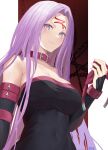  1girl asurada_yui bare_shoulders black_dress breasts cleavage collar collarbone detached_sleeves dress facial_mark fate/stay_night fate_(series) forehead forehead_mark highres large_breasts long_hair looking_at_viewer medusa_(fate) medusa_(rider)_(fate) parted_bangs purple_eyes purple_hair sidelocks solo very_long_hair 