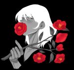  1boy black_background blending branch bright_pupils camellia fingernails flower flower_over_mouth hair_between_eyes halorane highres holding holding_branch ishikawa_goemon_xiii leaf lupin_iii male_focus medium_hair pectoral_cleavage pectorals red_flower solo spot_color upper_body white_pupils 