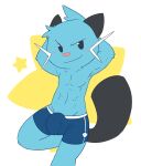 2016 abs anthro anthrofied black_ears black_tail blue_clothing blue_underwear bulge clothed clothing crotch_lines detailed_bulge dewott generation_5_pokemon genital_outline glistening glistening_eyes hands_behind_head looking_at_viewer male narrowed_eyes navel nintendo oob penis_outline pink_nose pokemon pokemon_(species) portrait pose pupils simple_background solo star suggestive tail three-quarter_portrait toony topless triangle_nose tuft underwear underwear_only whiskers white_seam_bottomwear white_whiskers