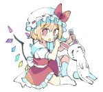  1girl :o animal_ears baron_(x5qgeh) blonde_hair bow crystal flandre_scarlet frills full_body grabbing_another&#039;s_ear hair_between_eyes hand_on_another&#039;s_ear hat hat_bow kneehighs looking_at_viewer low_wings lowres mob_cap no_nose no_shoes open_mouth petticoat pink_eyes puffy_short_sleeves puffy_sleeves rabbit_ears red_bow red_skirt red_vest short_hair short_sleeves sitting skirt skirt_set socks solo stuffed_animal stuffed_toy touhou vest white_headwear white_socks wings 