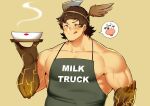  1boy :q absurdres apron bara black_apron blush brown_hair colored_skin cow fujimachine_(clayten) granblue_fantasy highres holding holding_tray large_pectorals male_focus muscular muscular_male nipple_slip nipples pectoral_cleavage pectorals short_hair sidepec solo tongue tongue_out tray upper_body uriel_(granblue_fantasy) veins winged_hat yellow_skin 