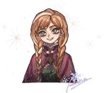  1girl anna_(frozen) aqua_eyes braid brown_hair cape character_name eyelashes freckles frozen_(disney) grin long_hair looking_up multicolored_hair purple_cape smile snowflakes solo streaked_hair swept_bangs thenintlichen96 twin_braids two-tone_hair upper_body white_background white_hair 