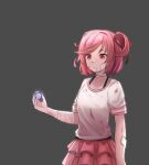  1girl arm_at_side ball bandaged_arm bandages bandaid bandaid_on_arm bandaid_on_face bandaid_on_hand bandaid_on_nose blood blood_from_mouth blood_on_clothes bob_cut bra_strap closed_mouth collarbone commentary commission doki_doki_literature_club empty_eyes expressionless frilled_skirt frills grey_background hair_ribbon hand_up himalay39535136 holding holding_ball injury korean_commentary looking_afar marble_(toy) natsuki_(doki_doki_literature_club) pink_eyes pink_hair pink_shirt pink_skirt red_ribbon ribbon second-party_source shirt short_hair short_sleeves simple_background skirt solo swept_bangs two-tone_shirt two_side_up upper_body white_shirt 