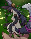  1boy 1girl akairiot animal_ears ass bell black_hair breasts elbow_gloves erune fox_ears fox_girl fox_tail from_behind gloves granblue_fantasy hair_bell hair_ornament heart hetero highres jingle_bell long_hair looking_at_viewer looking_back nude one_eye_closed open_mouth penis pov red_eyes sex smile sweat tail veins veiny_penis yuel_(granblue_fantasy) 